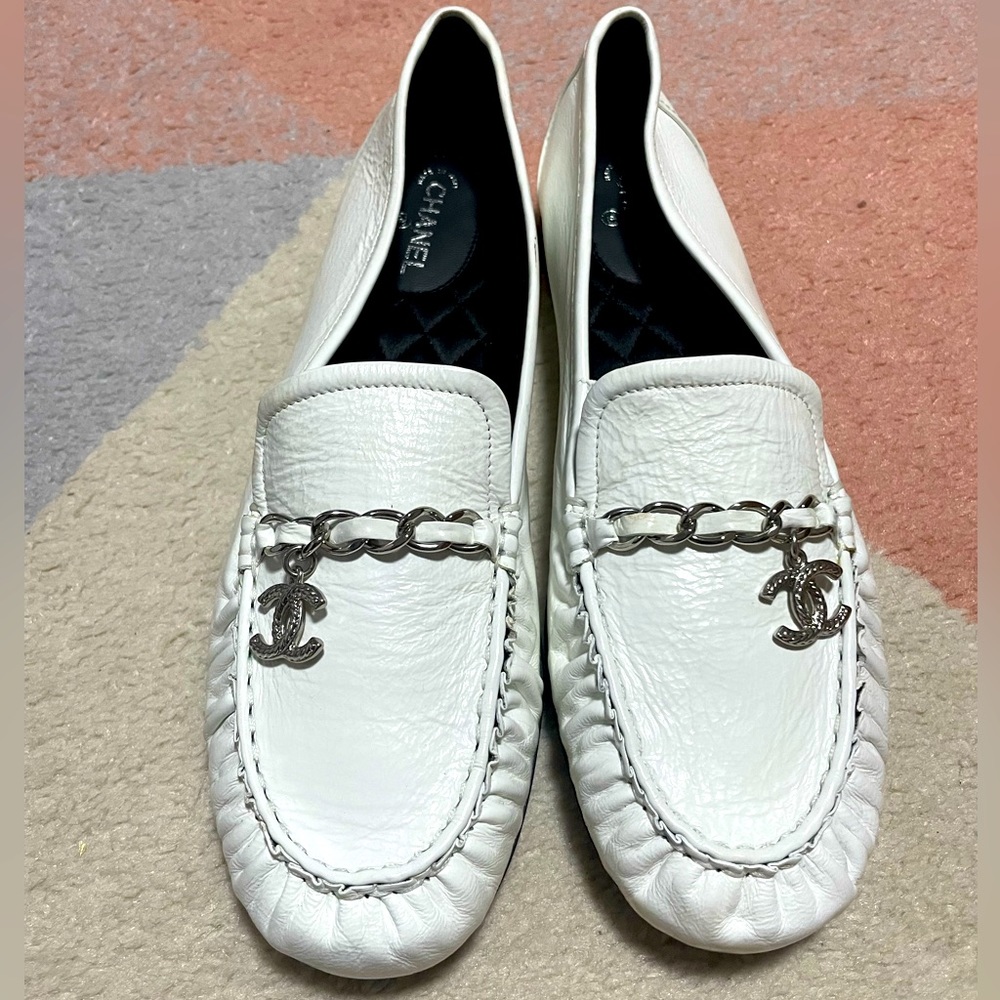 Authentic Chanel Moccasins White Loafers